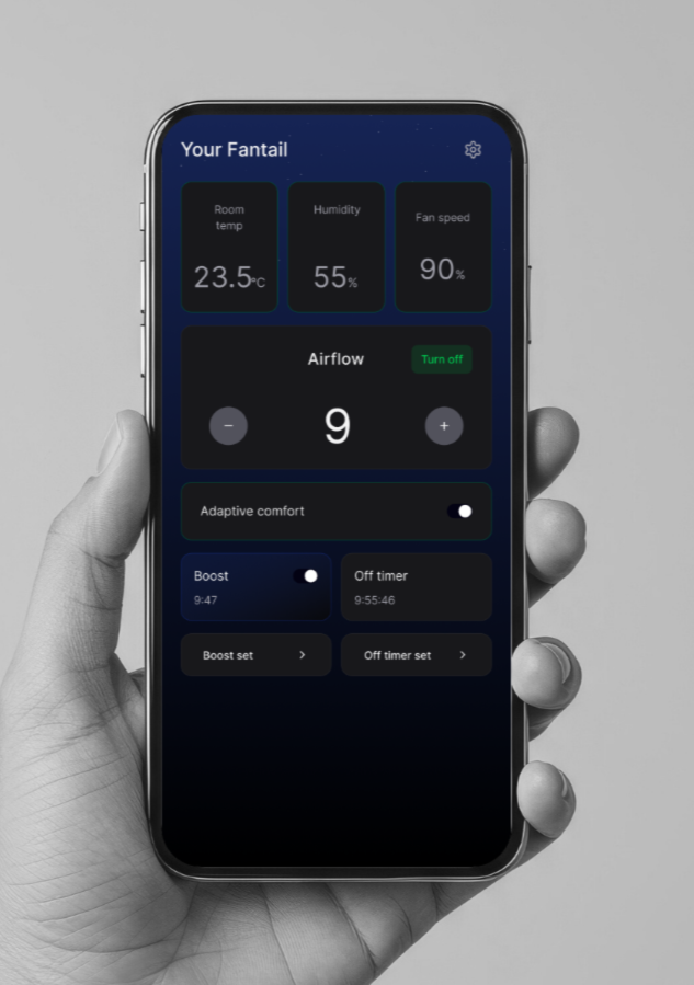 Fantail quiet bed fan cooling a hot sleeper under the sheets