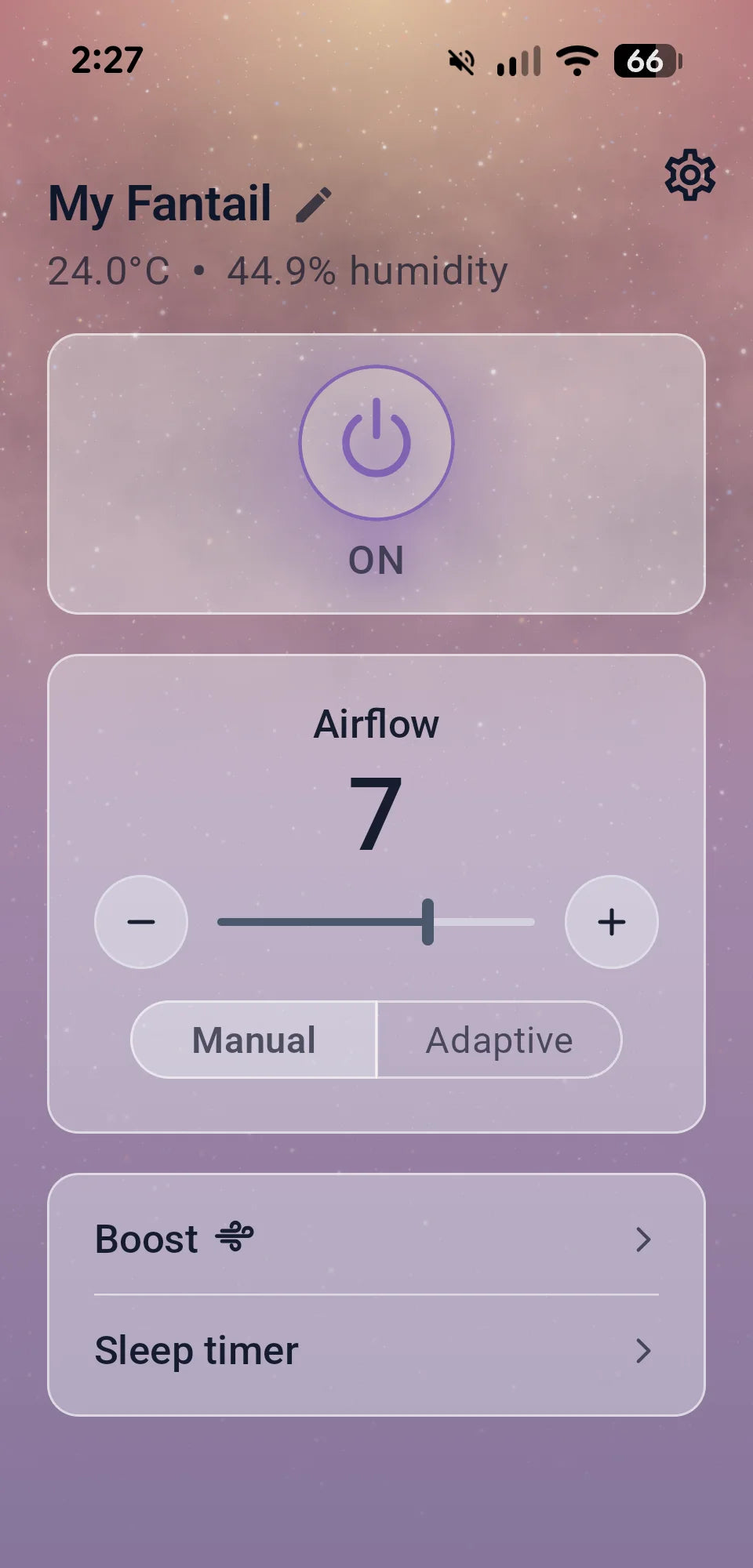 Fantail app screen in light mode, airflow set to 7, with Manual and Adaptive mode options, Boost and Sleep timer listed below